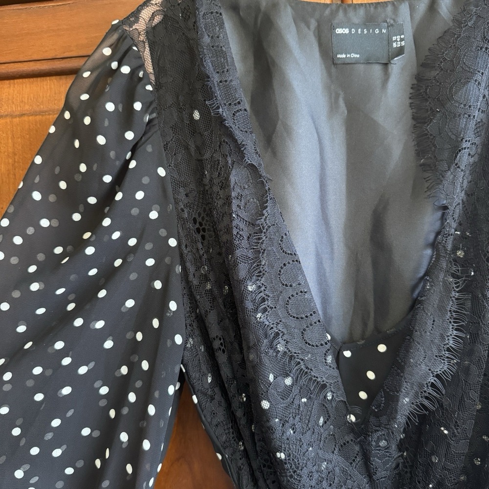 ASOS Black Polka Dot Mini Dress Size 8‎ Ruffle Skirt W/ Lace Trim Balloon Sleeve - Picture 5 of 7